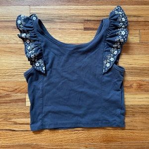 KensieGirl Kids Blue Tank with Ruffle Shoulders and White Floral Detail,Size 7/8